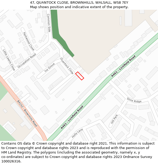 47, QUANTOCK CLOSE, BROWNHILLS, WALSALL, WS8 7EY: Location map and indicative extent of plot