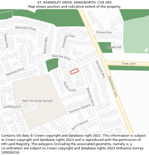 47, RAWNSLEY DRIVE, KENILWORTH, CV8 2NX: Location map and indicative extent of plot