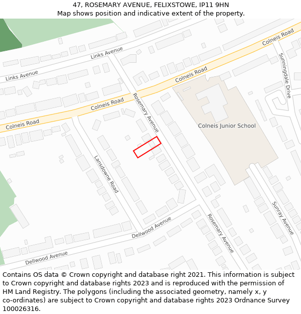 47, ROSEMARY AVENUE, FELIXSTOWE, IP11 9HN: Location map and indicative extent of plot