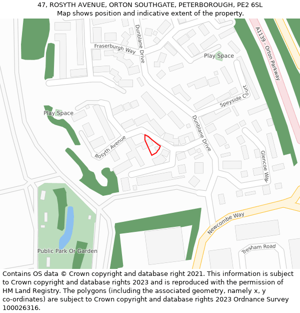 47, ROSYTH AVENUE, ORTON SOUTHGATE, PETERBOROUGH, PE2 6SL: Location map and indicative extent of plot