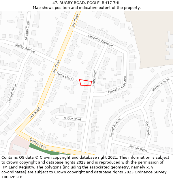 47, RUGBY ROAD, POOLE, BH17 7HL: Location map and indicative extent of plot