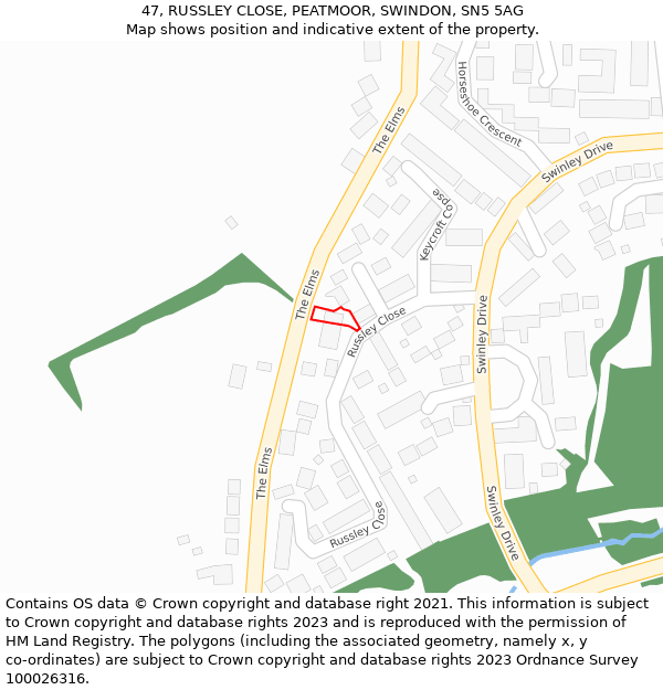 47, RUSSLEY CLOSE, PEATMOOR, SWINDON, SN5 5AG: Location map and indicative extent of plot