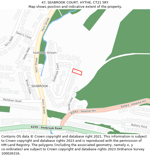 47, SEABROOK COURT, HYTHE, CT21 5RY: Location map and indicative extent of plot