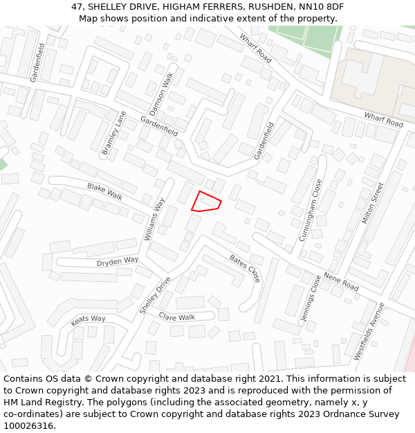 47, SHELLEY DRIVE, HIGHAM FERRERS, RUSHDEN, NN10 8DF: Location map and indicative extent of plot