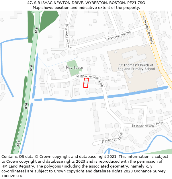 47, SIR ISAAC NEWTON DRIVE, WYBERTON, BOSTON, PE21 7SG: Location map and indicative extent of plot