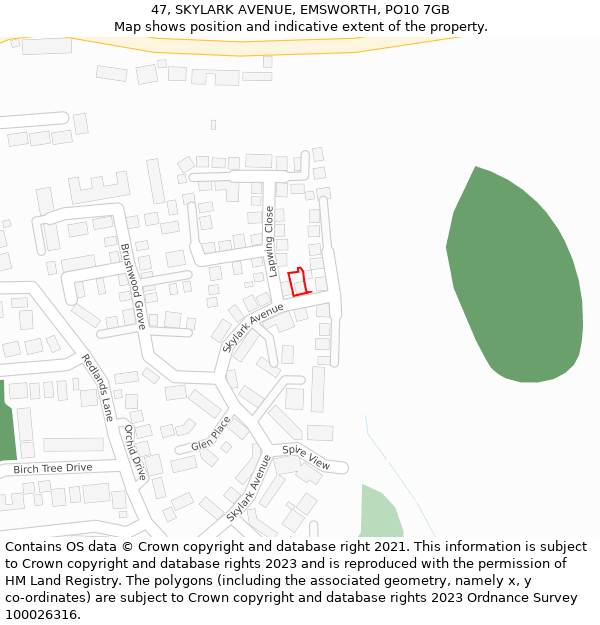 47, SKYLARK AVENUE, EMSWORTH, PO10 7GB: Location map and indicative extent of plot