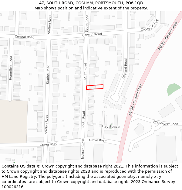 47, SOUTH ROAD, COSHAM, PORTSMOUTH, PO6 1QD: Location map and indicative extent of plot