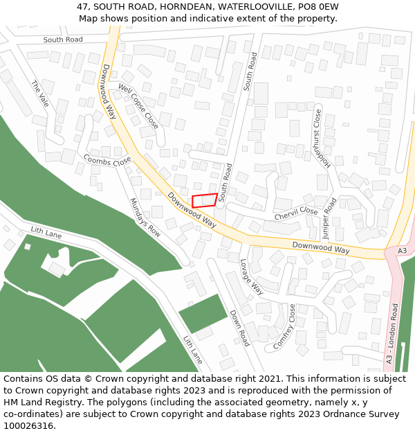 47, SOUTH ROAD, HORNDEAN, WATERLOOVILLE, PO8 0EW: Location map and indicative extent of plot