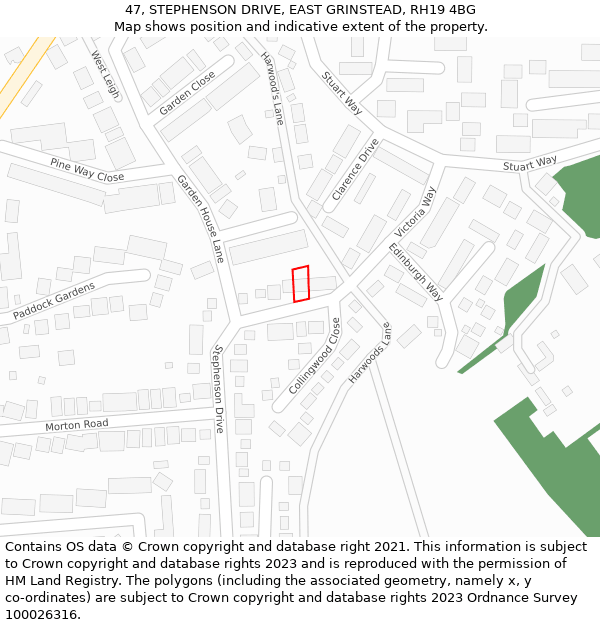 47, STEPHENSON DRIVE, EAST GRINSTEAD, RH19 4BG: Location map and indicative extent of plot