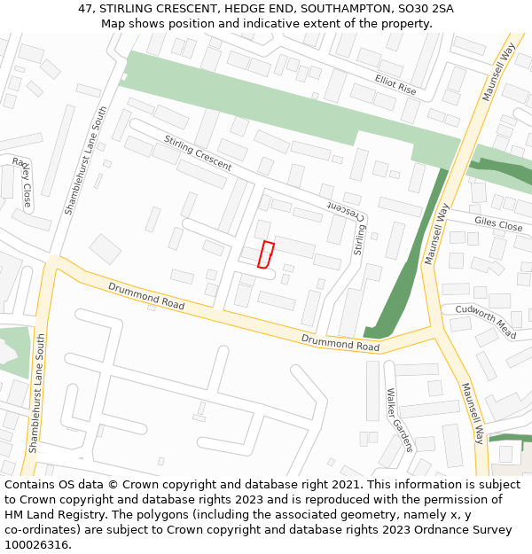 47, STIRLING CRESCENT, HEDGE END, SOUTHAMPTON, SO30 2SA: Location map and indicative extent of plot