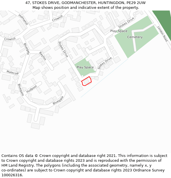 47, STOKES DRIVE, GODMANCHESTER, HUNTINGDON, PE29 2UW: Location map and indicative extent of plot