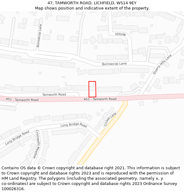 47, TAMWORTH ROAD, LICHFIELD, WS14 9EY: Location map and indicative extent of plot