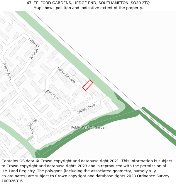 47, TELFORD GARDENS, HEDGE END, SOUTHAMPTON, SO30 2TQ: Location map and indicative extent of plot