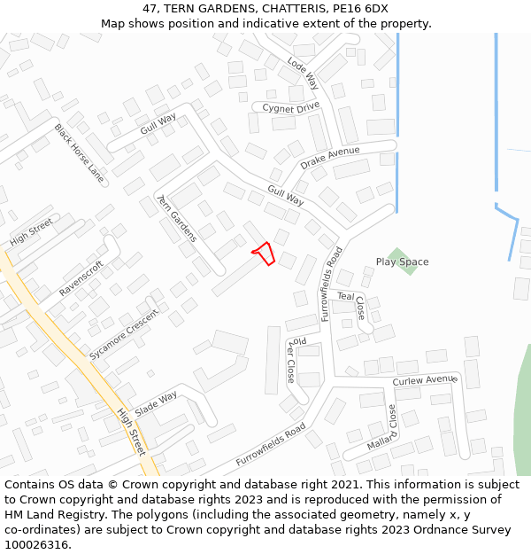 47, TERN GARDENS, CHATTERIS, PE16 6DX: Location map and indicative extent of plot