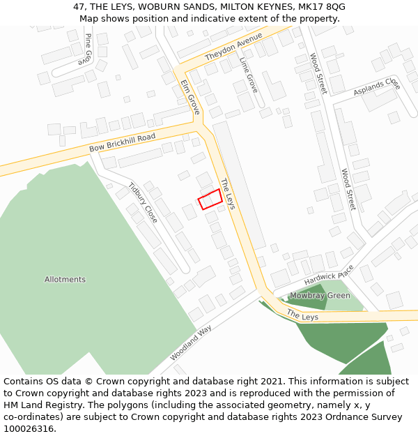 47, THE LEYS, WOBURN SANDS, MILTON KEYNES, MK17 8QG: Location map and indicative extent of plot