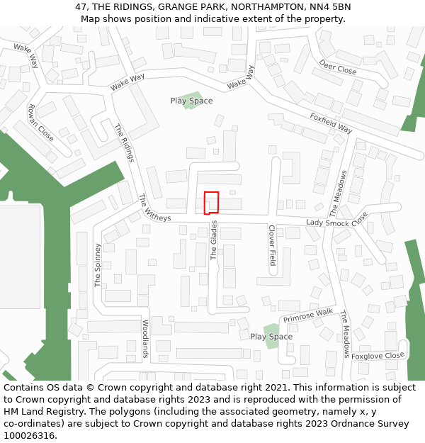 47, THE RIDINGS, GRANGE PARK, NORTHAMPTON, NN4 5BN: Location map and indicative extent of plot