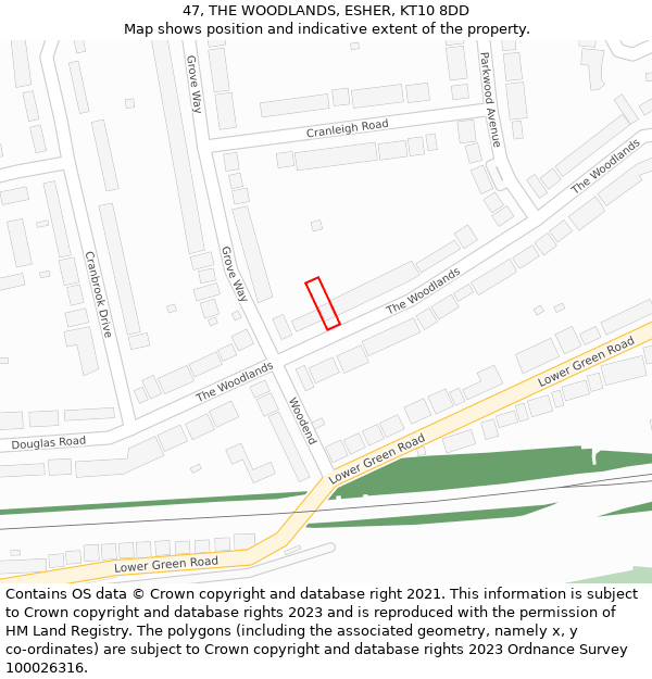 47, THE WOODLANDS, ESHER, KT10 8DD: Location map and indicative extent of plot