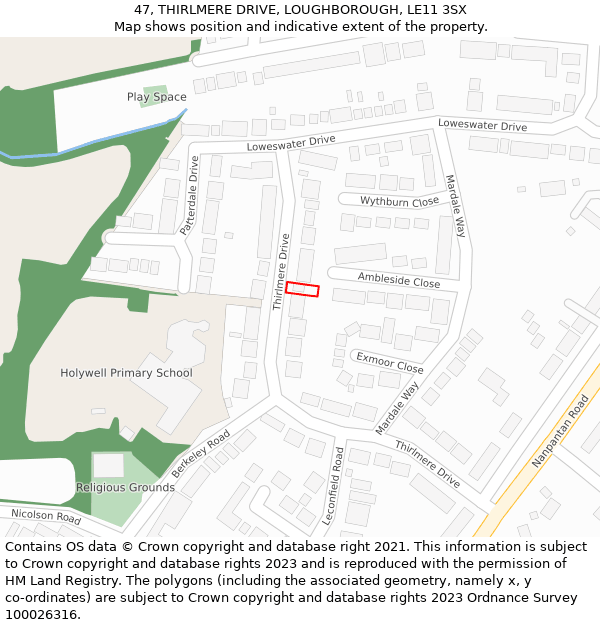 47, THIRLMERE DRIVE, LOUGHBOROUGH, LE11 3SX: Location map and indicative extent of plot