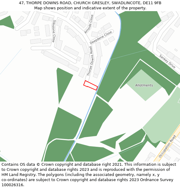 47, THORPE DOWNS ROAD, CHURCH GRESLEY, SWADLINCOTE, DE11 9FB: Location map and indicative extent of plot