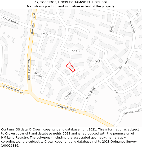 47, TORRIDGE, HOCKLEY, TAMWORTH, B77 5QL: Location map and indicative extent of plot
