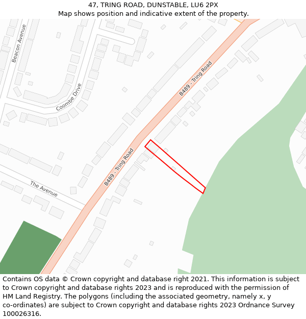 47, TRING ROAD, DUNSTABLE, LU6 2PX: Location map and indicative extent of plot