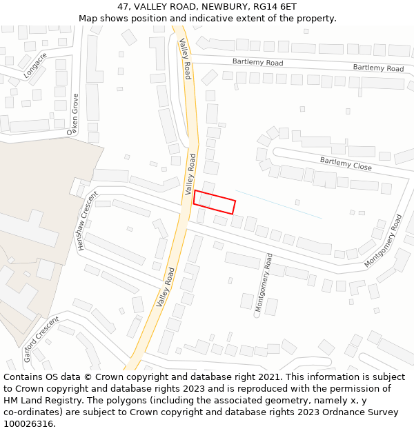 47, VALLEY ROAD, NEWBURY, RG14 6ET: Location map and indicative extent of plot