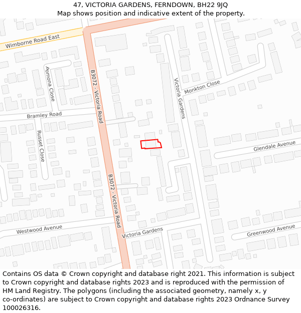 47, VICTORIA GARDENS, FERNDOWN, BH22 9JQ: Location map and indicative extent of plot