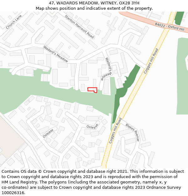 47, WADARDS MEADOW, WITNEY, OX28 3YH: Location map and indicative extent of plot