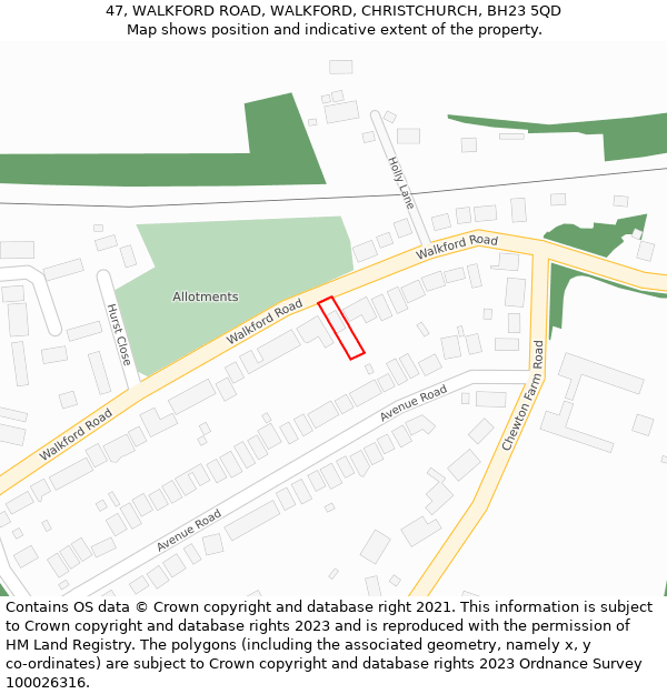 47, WALKFORD ROAD, WALKFORD, CHRISTCHURCH, BH23 5QD: Location map and indicative extent of plot
