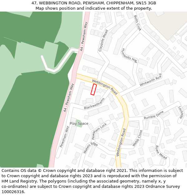 47, WEBBINGTON ROAD, PEWSHAM, CHIPPENHAM, SN15 3GB: Location map and indicative extent of plot