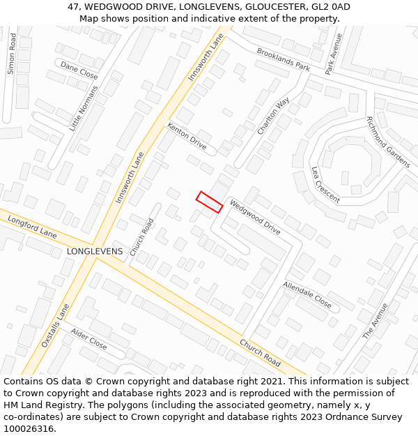 47, WEDGWOOD DRIVE, LONGLEVENS, GLOUCESTER, GL2 0AD: Location map and indicative extent of plot