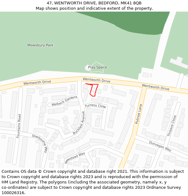 47, WENTWORTH DRIVE, BEDFORD, MK41 8QB: Location map and indicative extent of plot