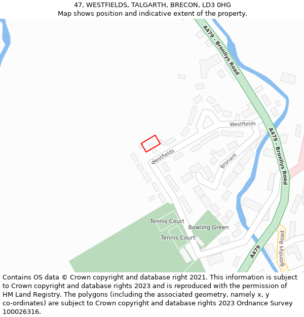 47, WESTFIELDS, TALGARTH, BRECON, LD3 0HG: Location map and indicative extent of plot