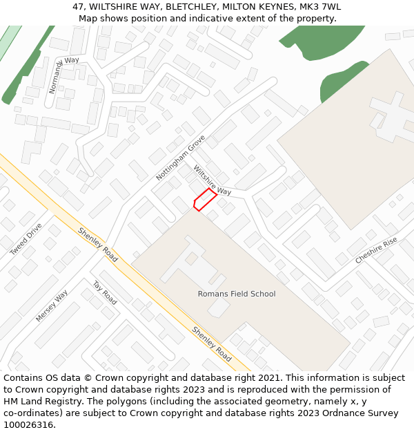 47, WILTSHIRE WAY, BLETCHLEY, MILTON KEYNES, MK3 7WL: Location map and indicative extent of plot