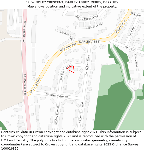 47, WINDLEY CRESCENT, DARLEY ABBEY, DERBY, DE22 1BY: Location map and indicative extent of plot