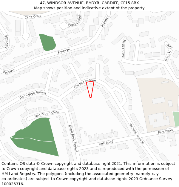 47, WINDSOR AVENUE, RADYR, CARDIFF, CF15 8BX: Location map and indicative extent of plot