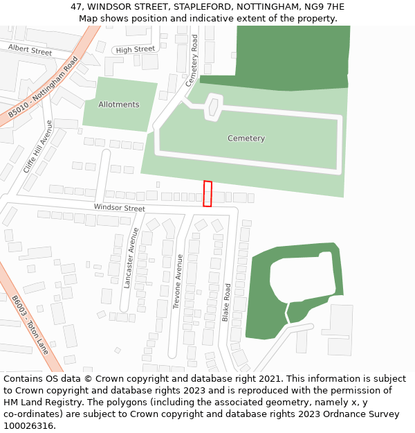 47, WINDSOR STREET, STAPLEFORD, NOTTINGHAM, NG9 7HE: Location map and indicative extent of plot