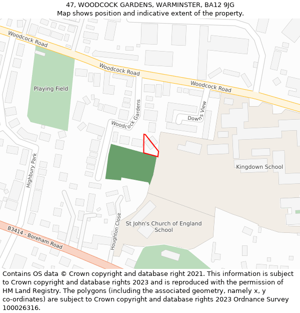 47, WOODCOCK GARDENS, WARMINSTER, BA12 9JG: Location map and indicative extent of plot