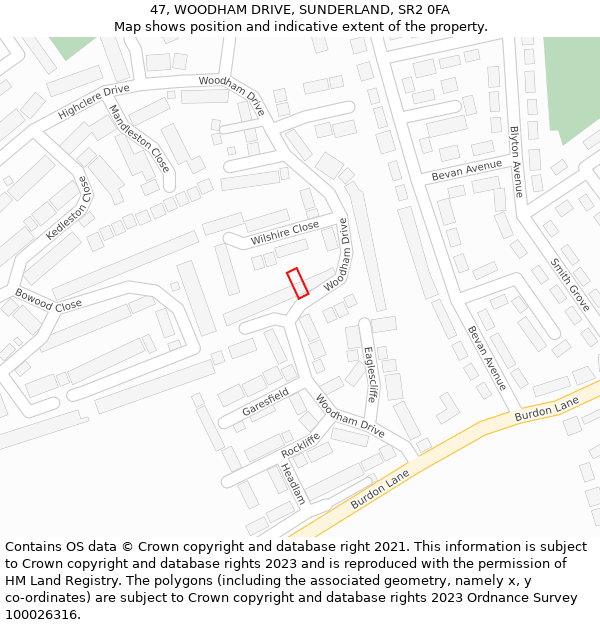 47, WOODHAM DRIVE, SUNDERLAND, SR2 0FA: Location map and indicative extent of plot