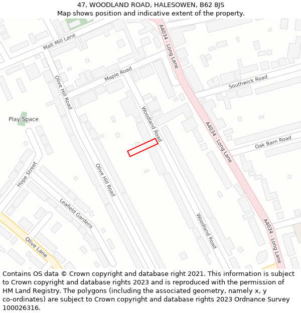 47, WOODLAND ROAD, HALESOWEN, B62 8JS: Location map and indicative extent of plot