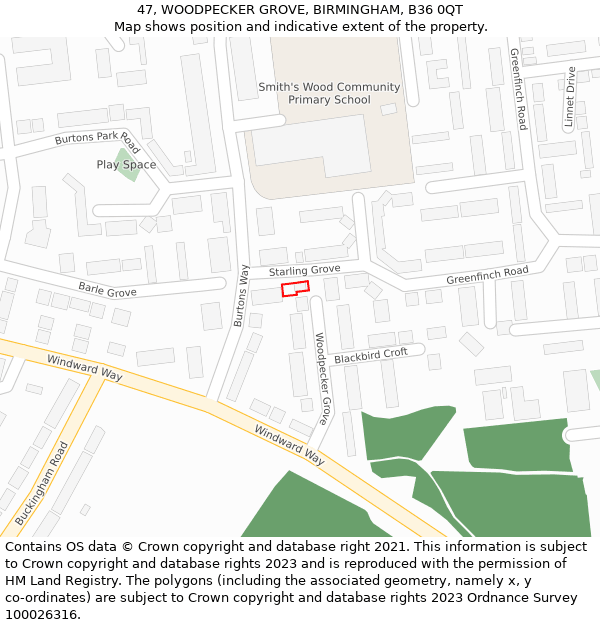 47, WOODPECKER GROVE, BIRMINGHAM, B36 0QT: Location map and indicative extent of plot