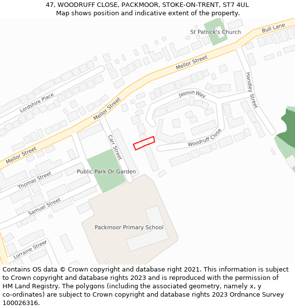 47, WOODRUFF CLOSE, PACKMOOR, STOKE-ON-TRENT, ST7 4UL: Location map and indicative extent of plot