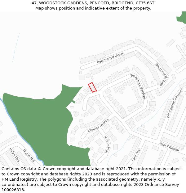 47, WOODSTOCK GARDENS, PENCOED, BRIDGEND, CF35 6ST: Location map and indicative extent of plot