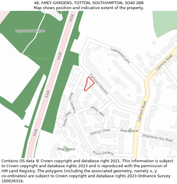 48, AMEY GARDENS, TOTTON, SOUTHAMPTON, SO40 2BB: Location map and indicative extent of plot