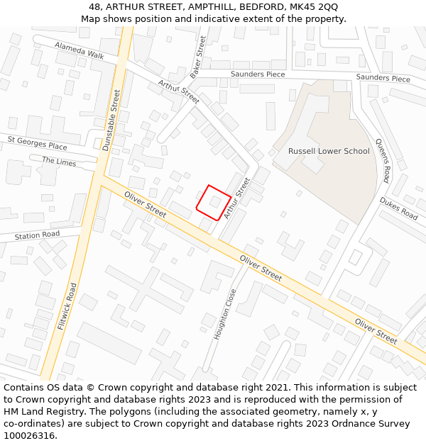 48, ARTHUR STREET, AMPTHILL, BEDFORD, MK45 2QQ: Location map and indicative extent of plot