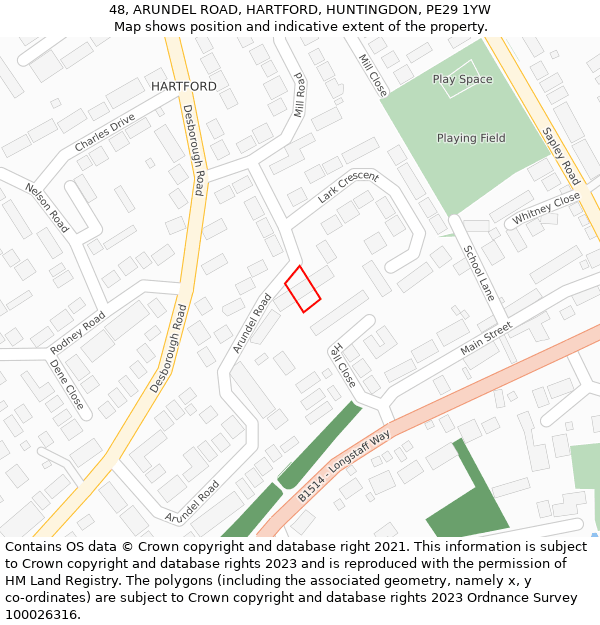 48, ARUNDEL ROAD, HARTFORD, HUNTINGDON, PE29 1YW: Location map and indicative extent of plot