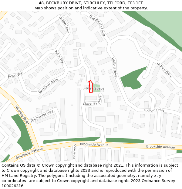 48, BECKBURY DRIVE, STIRCHLEY, TELFORD, TF3 1EE: Location map and indicative extent of plot