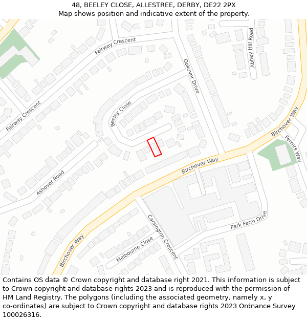 48, BEELEY CLOSE, ALLESTREE, DERBY, DE22 2PX: Location map and indicative extent of plot