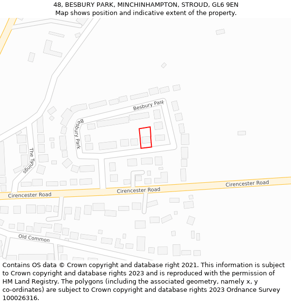 48, BESBURY PARK, MINCHINHAMPTON, STROUD, GL6 9EN: Location map and indicative extent of plot