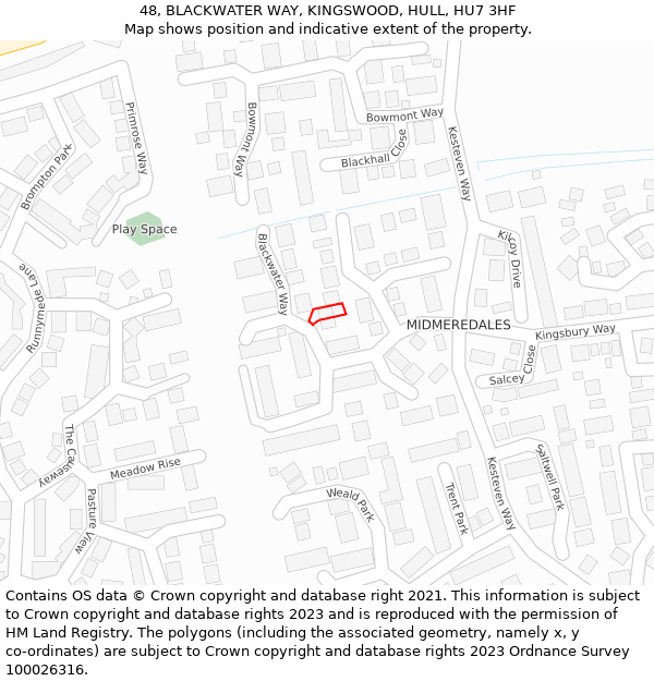 48, BLACKWATER WAY, KINGSWOOD, HULL, HU7 3HF: Location map and indicative extent of plot